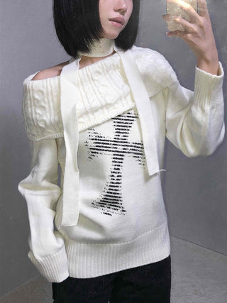 Vintage Cross Print Loose Fit Off-Shoulder Knit