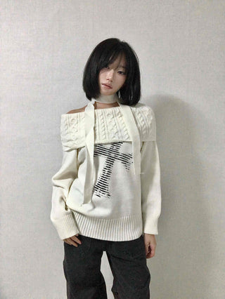 Vintage Cross Print Loose Fit Off-Shoulder Knit