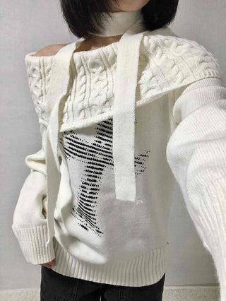 Vintage Cross Print Loose Fit Off-Shoulder Knit
