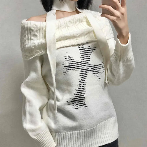 Vintage Cross Print Loose Fit Off-Shoulder Knit