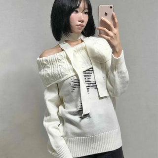 Vintage Cross Print Loose Fit Off-Shoulder Knit