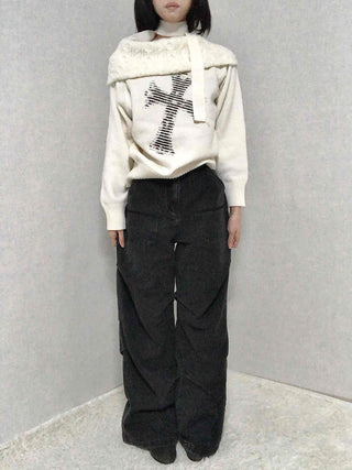Vintage Cross Print Loose Fit Off-Shoulder Knit