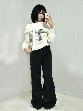 Vintage Cross Print Loose Fit Off-Shoulder Knit
