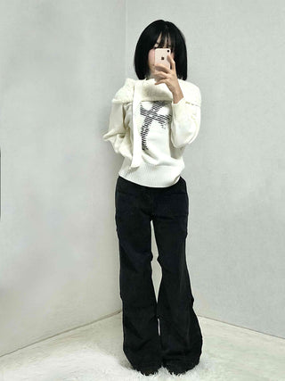 Vintage Cross Print Loose Fit Off-Shoulder Knit