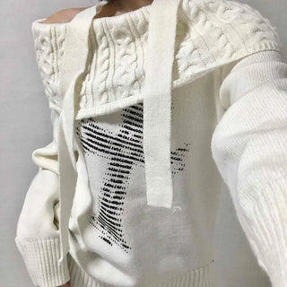 Vintage Cross Print Loose Fit Off-Shoulder Knit