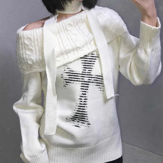 Vintage Cross Print Loose Fit Off-Shoulder Knit