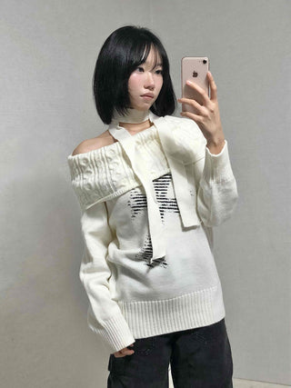 Vintage Cross Print Loose Fit Off-Shoulder Knit