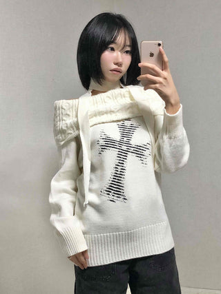 Vintage Cross Print Loose Fit Off-Shoulder Knit