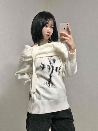 Vintage Cross Print Loose Fit Off-Shoulder Knit