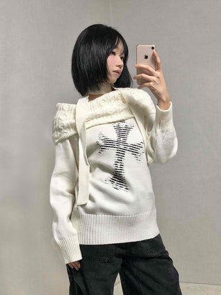 Vintage Cross Print Loose Fit Off-Shoulder Knit