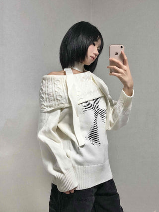 Vintage Cross Print Loose Fit Off-Shoulder Knit