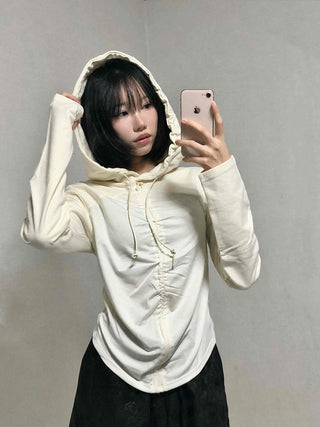 Daily Shirred String Loose Fit Long Sleeve Hoodie