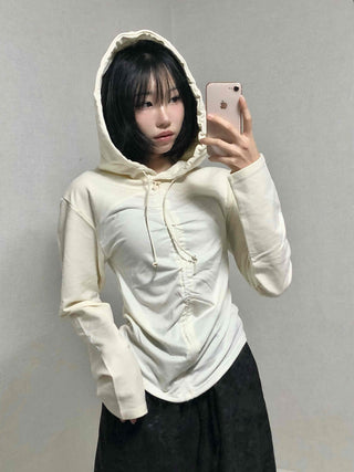 Daily Shirred String Loose Fit Long Sleeve Hoodie