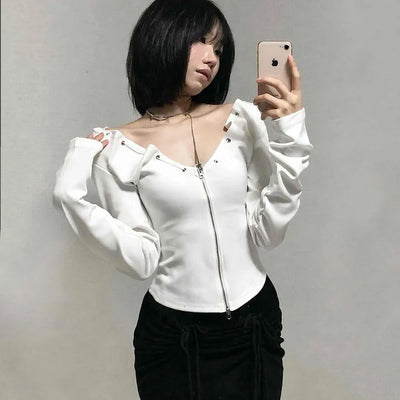String Pleated Off-shoulder Long Sleeve Zip-up