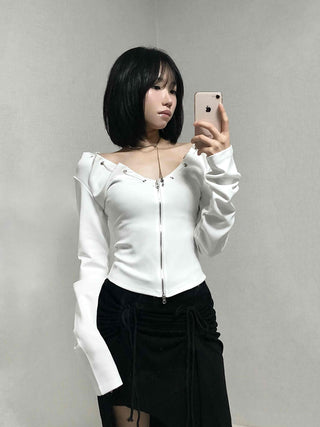 String Pleated Off-shoulder Long Sleeve Zip-up