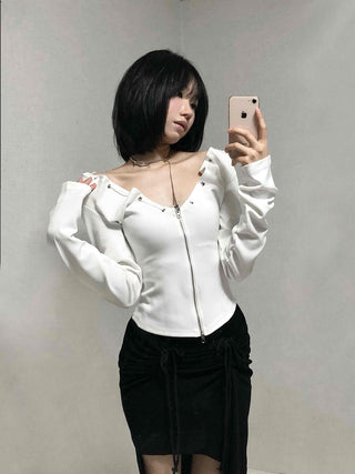 String Pleated Off-shoulder Long Sleeve Zip-up