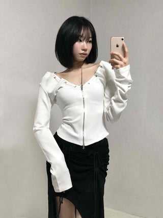 String Pleated Off-shoulder Long Sleeve Zip-up