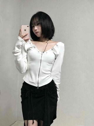 String Pleated Off-shoulder Long Sleeve Zip-up