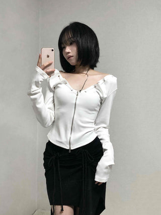 String Pleated Off-shoulder Long Sleeve Zip-up