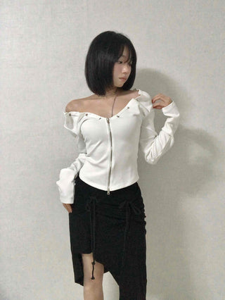 String Pleated Off-shoulder Long Sleeve Zip-up