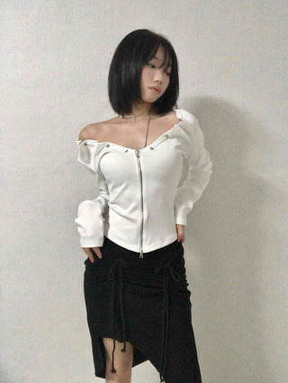 String Pleated Off-shoulder Long Sleeve Zip-up