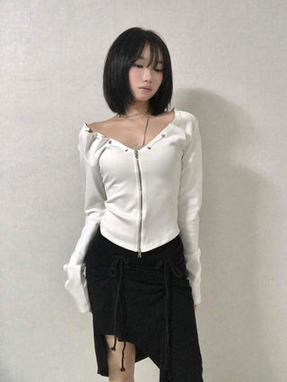 String Pleated Off-shoulder Long Sleeve Zip-up