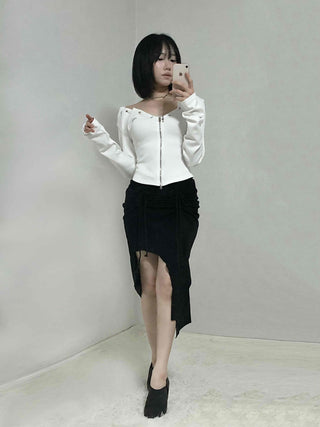 String Pleated Off-shoulder Long Sleeve Zip-up