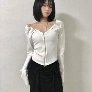 String Pleated Off-shoulder Long Sleeve Zip-up