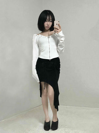 String Pleated Off-shoulder Long Sleeve Zip-up
