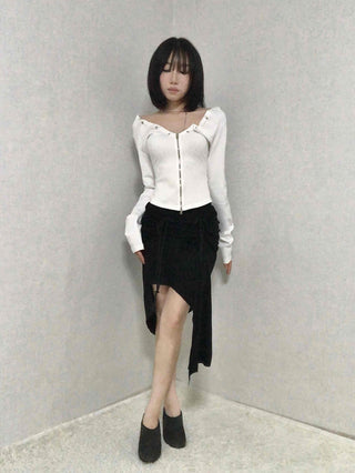 String Pleated Off-shoulder Long Sleeve Zip-up