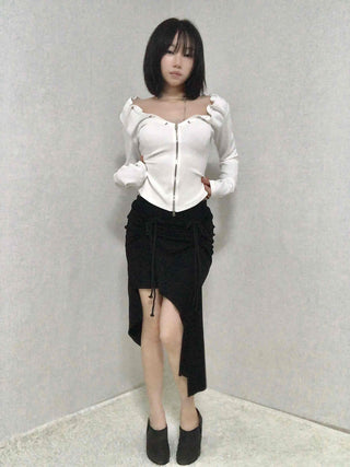 String Pleated Off-shoulder Long Sleeve Zip-up