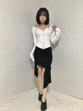 String Pleated Off-shoulder Long Sleeve Zip-up