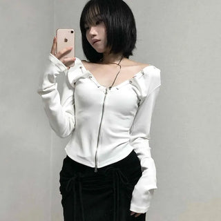 String Pleated Off-shoulder Long Sleeve Zip-up