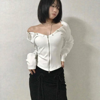 String Pleated Off-shoulder Long Sleeve Zip-up