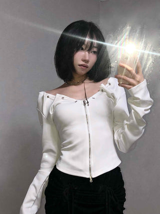 String Pleated Off-shoulder Long Sleeve Zip-up
