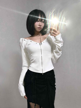 String Pleated Off-shoulder Long Sleeve Zip-up