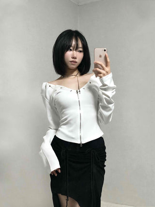 String Pleated Off-shoulder Long Sleeve Zip-up