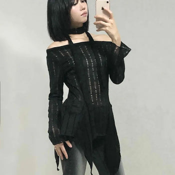 See-through Knit Halterneck Off-shoulder Mini Dress