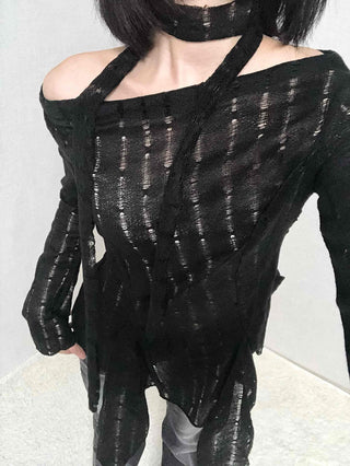 See-through Knit Halterneck Off-shoulder Mini Dress