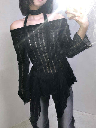 See-through Knit Halterneck Off-shoulder Mini Dress