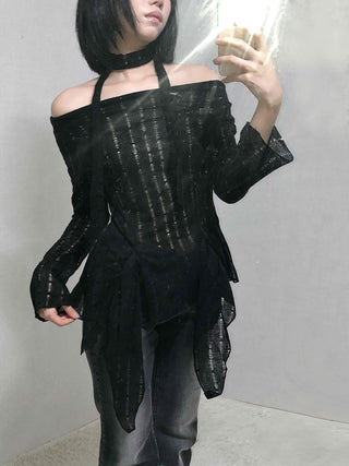 See-through Knit Halterneck Off-shoulder Mini Dress