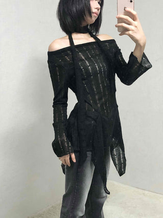 See-through Knit Halterneck Off-shoulder Mini Dress