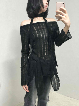 See-through Knit Halterneck Off-shoulder Mini Dress