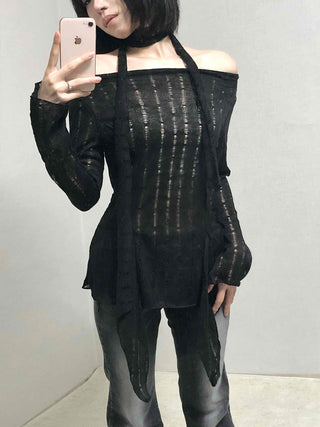 See-through Knit Halterneck Off-shoulder Mini Dress