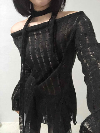 See-through Knit Halterneck Off-shoulder Mini Dress