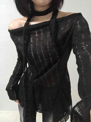 See-through Knit Halterneck Off-shoulder Mini Dress