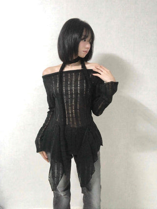 See-through Knit Halterneck Off-shoulder Mini Dress