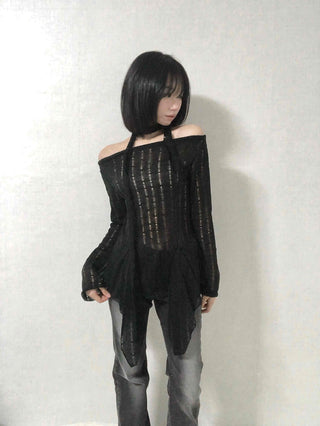See-through Knit Halterneck Off-shoulder Mini Dress