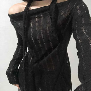 See-through Knit Halterneck Off-shoulder Mini Dress