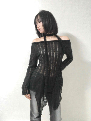 See-through Knit Halterneck Off-shoulder Mini Dress